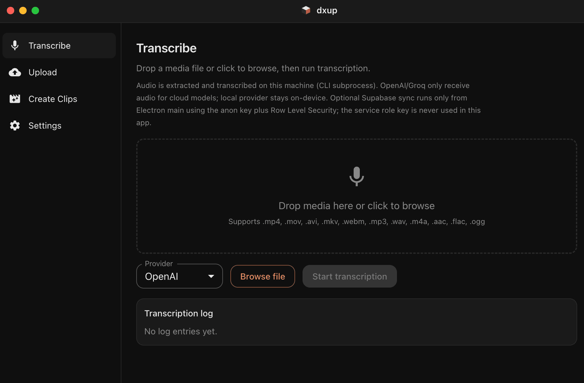 dxup transcribe interface with media dropzone and transcription controls